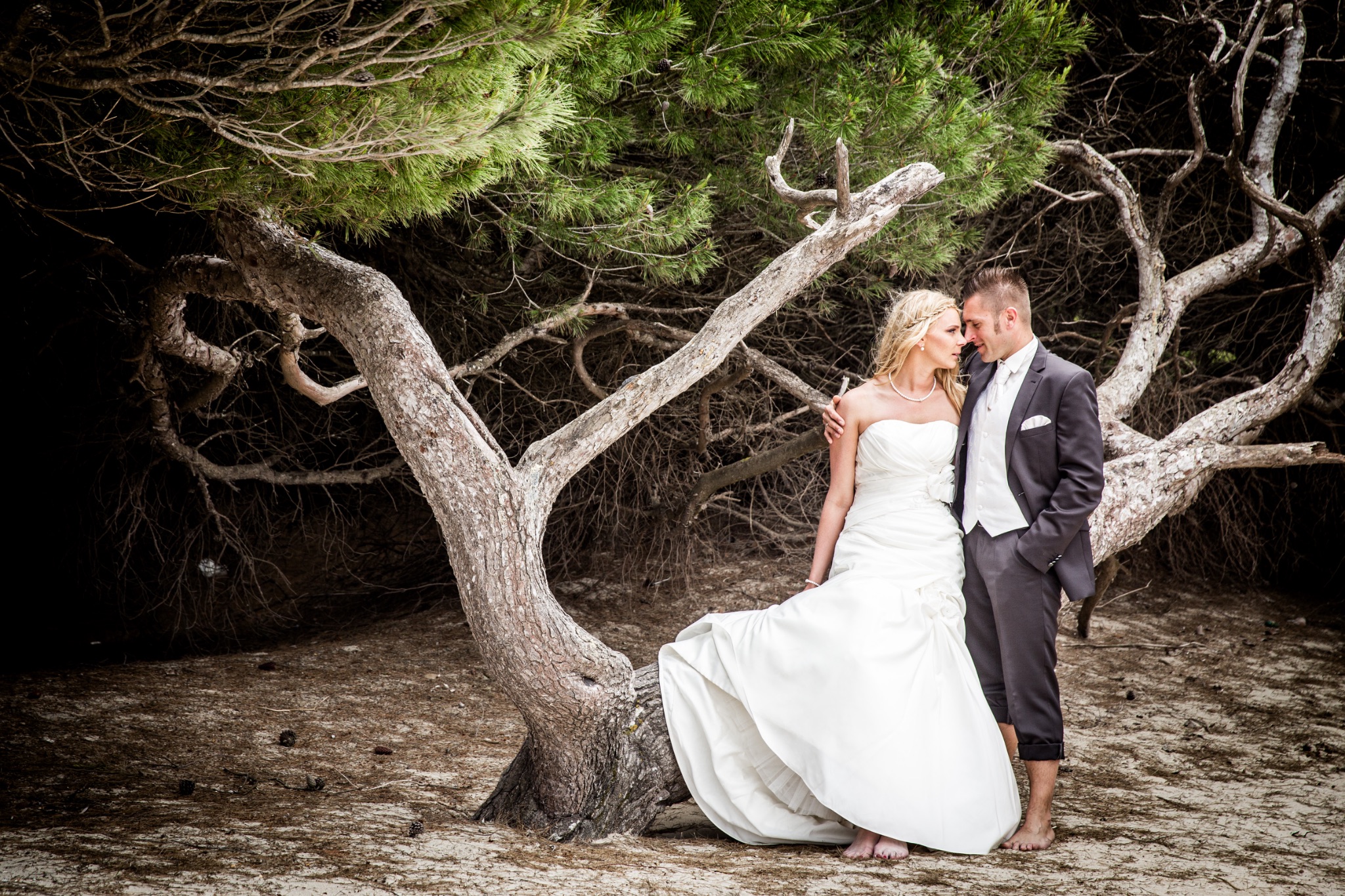 Afterwedding mallorca brautpaar schaut sich an pinienwald