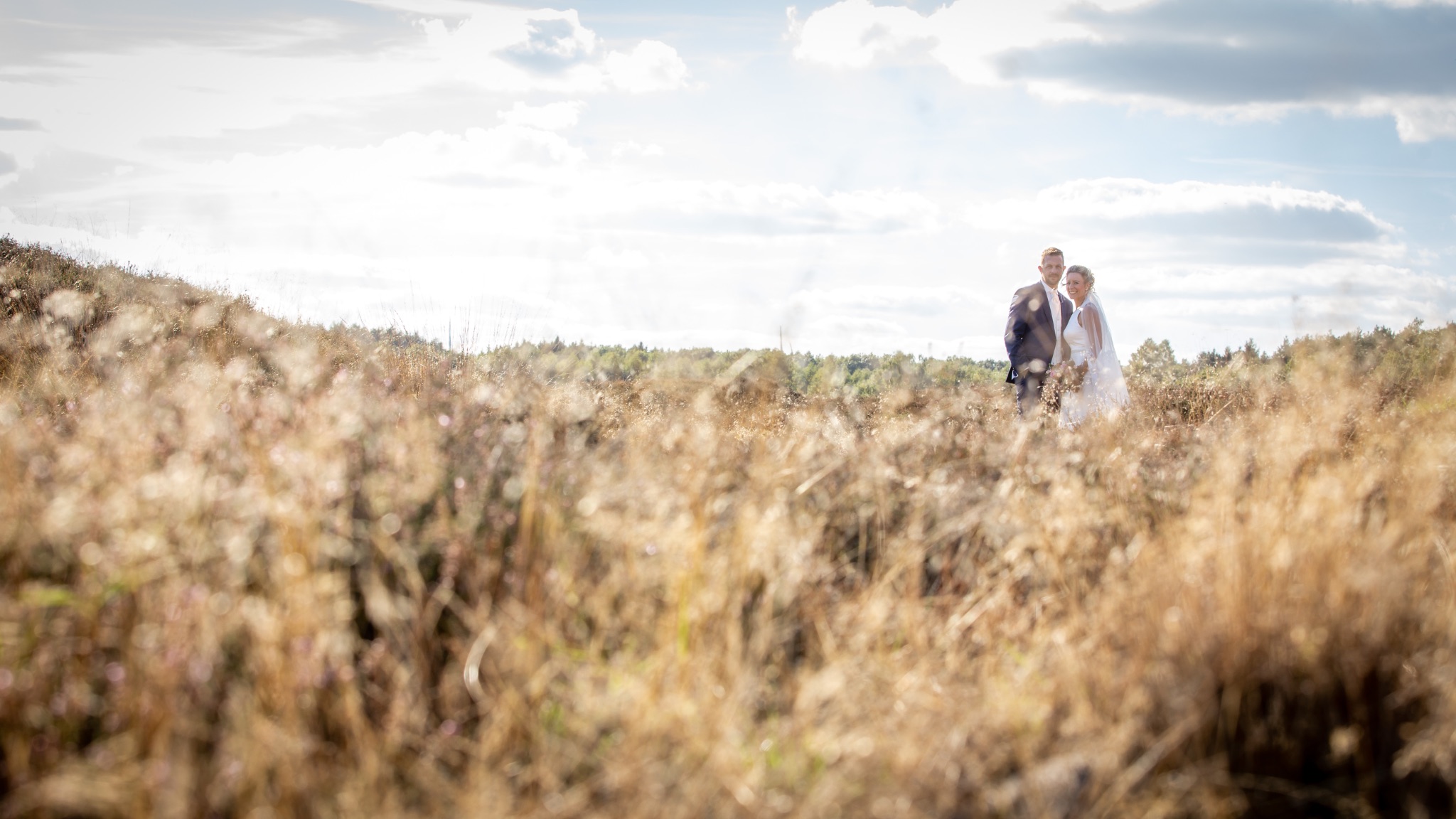 Hochzeitsportrait brautpaar im heidefeld untere perspektive