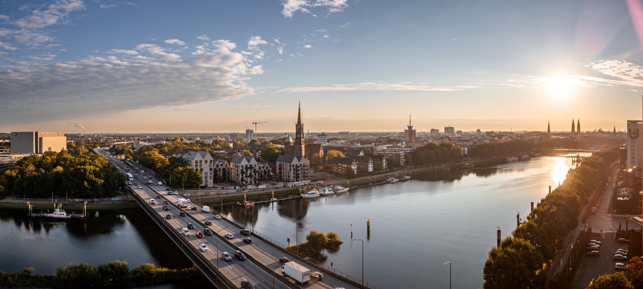 Bremen weser sonnenaufgang luftaufnahme